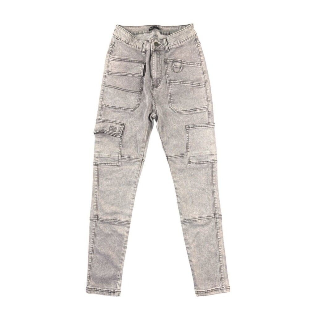 Fashion Nova Gray Acid Wash Cargo Utility Skinny‎ Jeans Size Small
